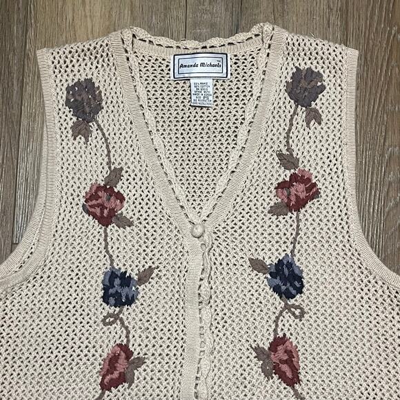VTG Crochet Knit Floral Boho Vest Small Cream Ramie Cotton Cottagecore Hippie - Picture 3 of 7